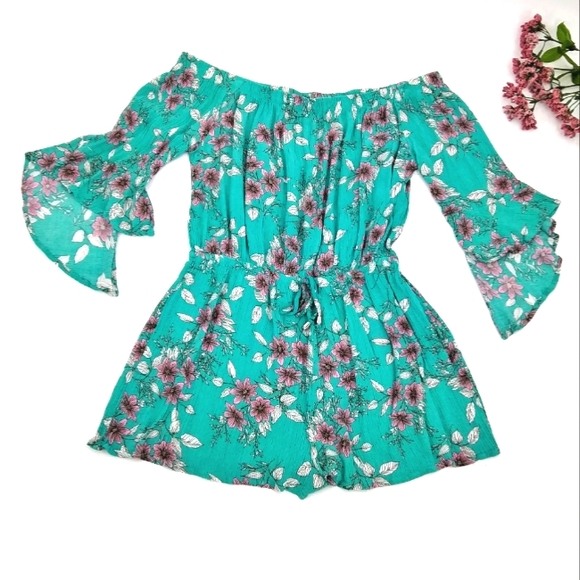 Takara Pants - *SOLD* TAKARA Cherry Blossom Print Off Shoulder Romper